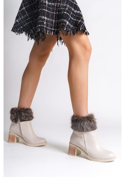 Julıa Fermuarlı Ortopedik Taban Tüylü Topuklu Kadın Bot Ckt - Krem