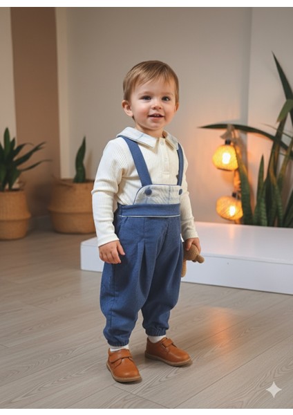 Ekose Bebe Yaka Kareli Askılı Salopet Takım Fitilli Kadife Tulumlu