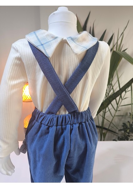 Ekose Bebe Yaka Kareli Askılı Salopet Takım Fitilli Kadife Tulumlu