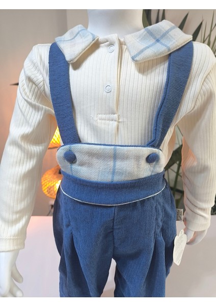 Ekose Bebe Yaka Kareli Askılı Salopet Takım Fitilli Kadife Tulumlu