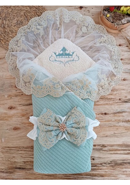 Litaetrend Yenidoğan Kuzulu Taç Nakış Güpürlü Fiyonklu Duvaklı Prizma Taş Unisex Kundak Bebek Battaniyesi Su Yeşili