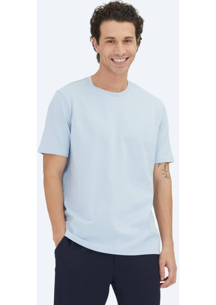 Orta Mavi Düz Bisiklet Yaka %100 Pamuk T-Shirt