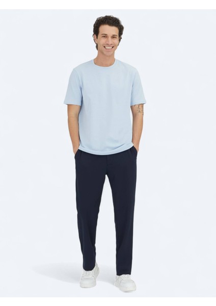 Orta Mavi Düz Bisiklet Yaka %100 Pamuk T-Shirt fiyatları