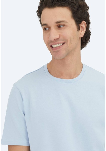 Orta Mavi Düz Bisiklet Yaka %100 Pamuk T-Shirt modelleri