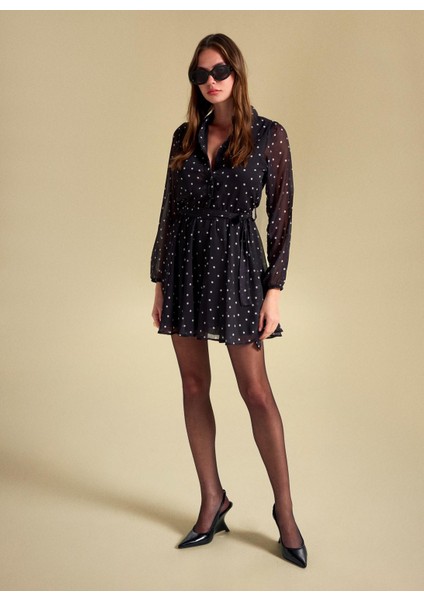 Yuvarlak Yaka Puantiyeli Beyaz - Siyah Mini Kadın Elbise PBF5WL-ELB0114