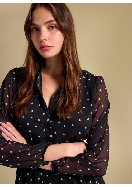 Yuvarlak Yaka Puantiyeli Beyaz - Siyah Mini Kadın Elbise PBF5WL-ELB0114 modelleri