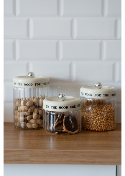 3'lü Krem Vakum Kapaklı Motto Cam Kavanoz Seti (850ML+1100ML+1400ML)