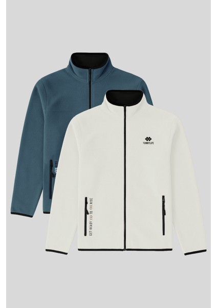 Standart Kalıp Dik Yaka 2li Paket Petrol-Ekru Erkek Polar Sweatshirt - 87992