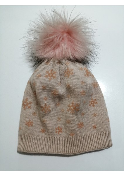 Kadın Örgü Ponponlu Bere Kristal Kar Taneli Baskılı Pudra modelleri