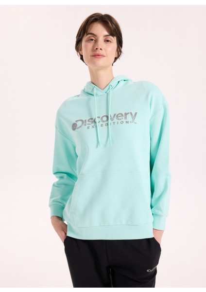 D5WL-SWT3608 Mint Kapüşon Yaka Relaxed Baskılı Kadın Sweatshırt