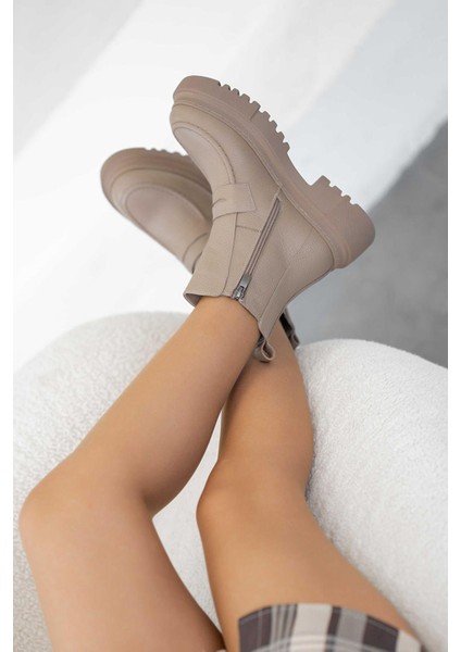 Adda Hakiki Deri Lastikli Kadın Bot Vizon