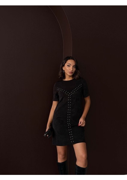 Kadın Siyah Zımba Detaylı Süet/suni Deri Mini Elbise Kısa Kol Abiye Elbise modelleri