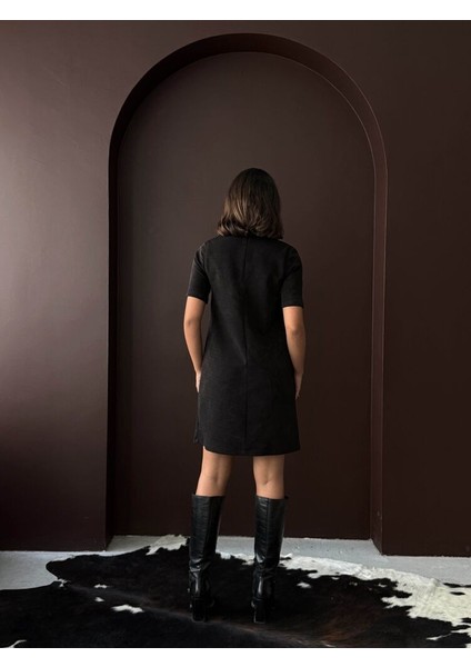 Kadın Siyah Zımba Detaylı Süet/suni Deri Mini Elbise Kısa Kol Abiye Elbise