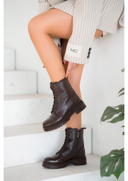 Roy Bağcıklı Kadın Hakiki Deri Postal Kahverengi