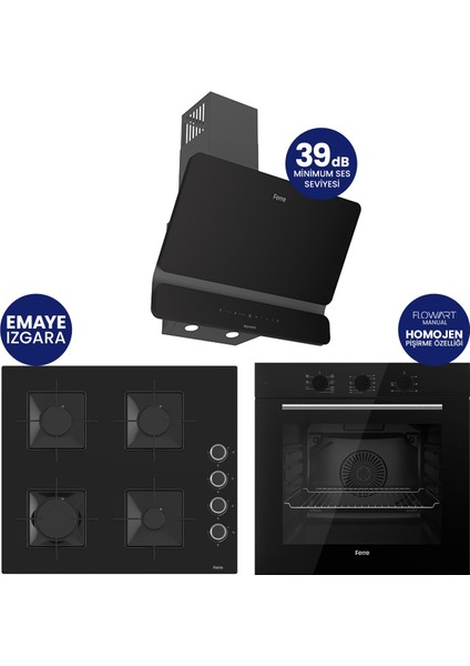 Flowart Turbolu Siyah Cam Amörtisörlü Silenart Ankastre Set QBL62CS - SS205 - D080SA