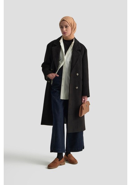 Kruvaze Yaka Kaşe Kaban 25KD1122 Siyah