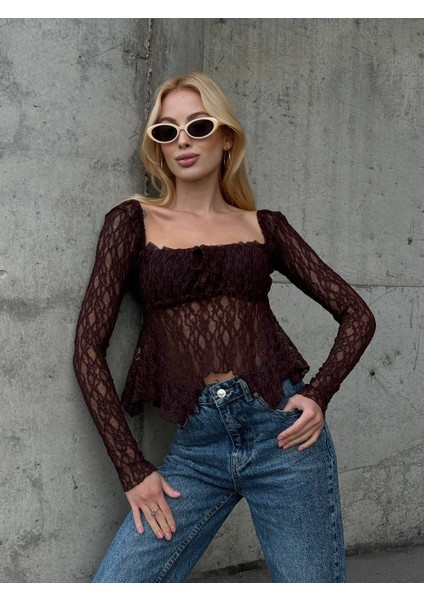 Ekru Peplum Etek Ucu Fırfırlı Güpür Bluz Uzun Kol Bağlama Detaylı Kare Yaka Şık Bluz modelleri