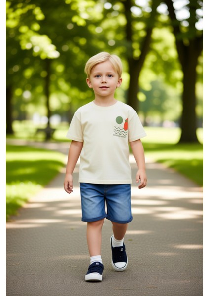 Erkek Çocuk Pamuklu Bisiklet Yaka Kısa Kollu T Shirt ve Denim Şort Takımı Kaliteli Şık Rahat