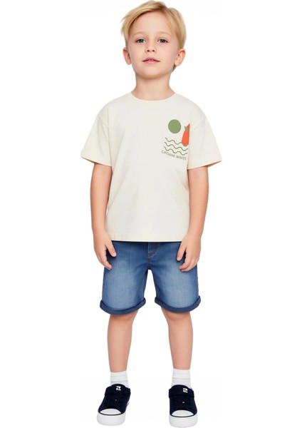 Erkek Çocuk Pamuklu Bisiklet Yaka Kısa Kollu T Shirt ve Denim Şort Takımı Kaliteli Şık Rahat fırsatları