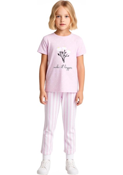 Kız Çocuk Pamuklu Polyester Örme Pijama Takımı Çiçek Baskılı ve Çizgili Alt Kaliteli Şık Rahat fırsatları