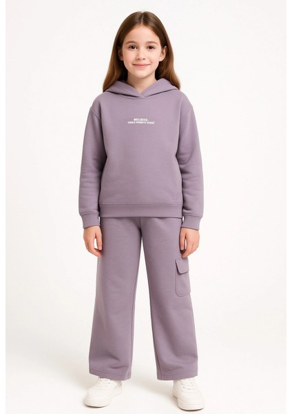 Kız Çocuk %100 Pamuk Kapüşonlu Sweatshirt Geniş Paça Lila Eşofman Takımı