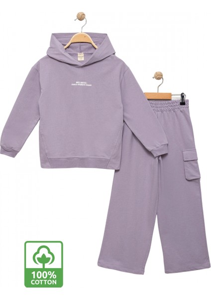 Kız Çocuk %100 Pamuk Kapüşonlu Sweatshirt Geniş Paça Lila Eşofman Takımı fiyatları