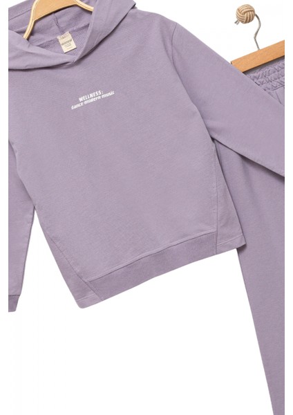Kız Çocuk %100 Pamuk Kapüşonlu Sweatshirt Geniş Paça Lila Eşofman Takımı modelleri