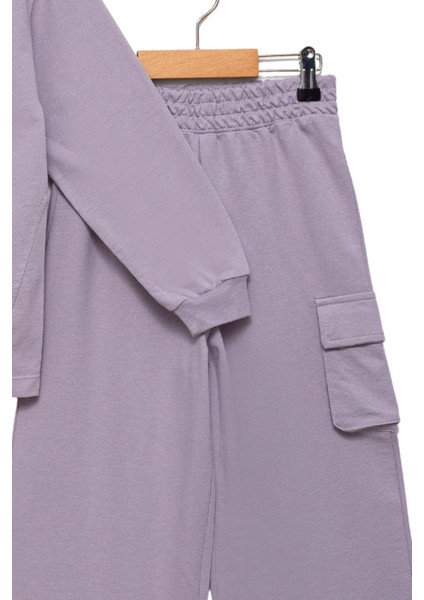 Kız Çocuk %100 Pamuk Kapüşonlu Sweatshirt Geniş Paça Lila Eşofman Takımı fırsatları