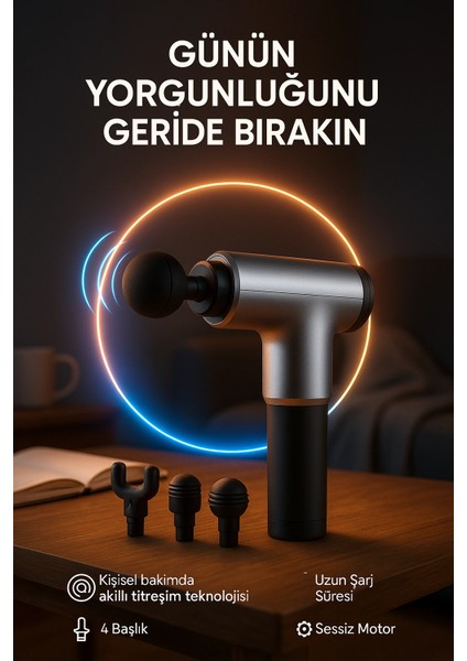 Akıllı Titreşim Teknolojili Masaj Tabancası – 4 Başlıklı Sessiz Motorlu Kas Gerginliği Giderici
