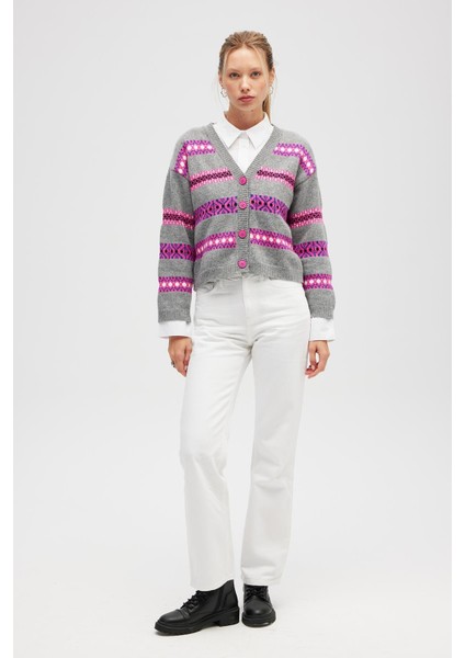 Sephora Jakarlı Kadın Triko Hırka - Gri Melanj Multi