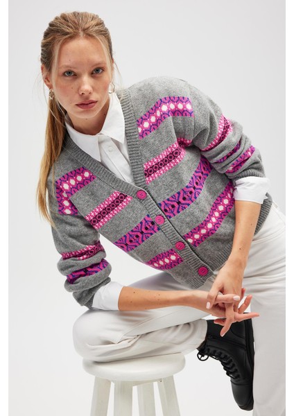 Sephora Jakarlı Kadın Triko Hırka - Gri Melanj Multi modelleri