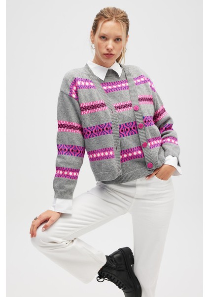 Sephora Jakarlı Kadın Triko Hırka - Gri Melanj Multi fırsatları