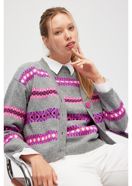 Sephora Jakarlı Kadın Triko Hırka - Gri Melanj Multi indirimleri