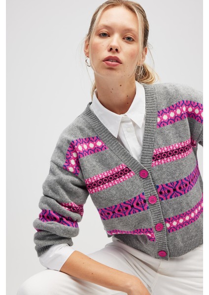 Sephora Jakarlı Kadın Triko Hırka - Gri Melanj Multi