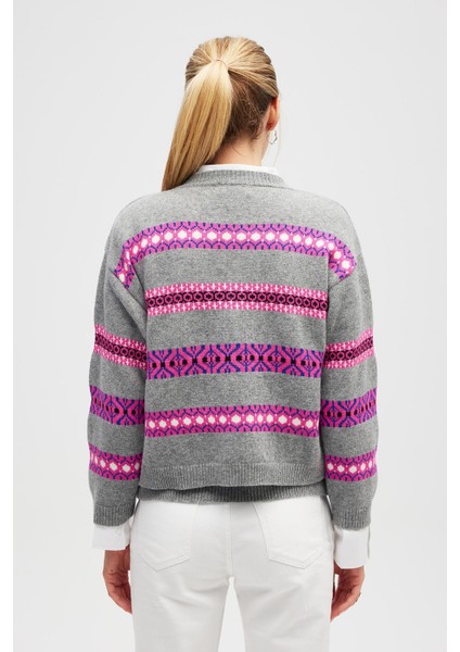 Sephora Jakarlı Kadın Triko Hırka - Gri Melanj Multi