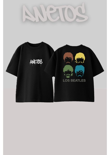 The Beatles 2 Tasarım Sırt Baskılı Pamuk Siyah Oversize T-Shirt