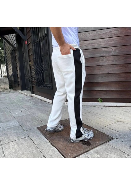 Erkek Üç Iplik Kışlık Pamuklu Yandan Garneli Kalın Şeritli Cepli Eşofman Altı - Beyaz fırsatları