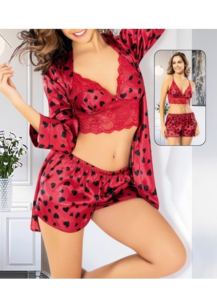Kadın Saten Kalp Desenli Sabahlık & Şort Takım 3'lü LL.N1.I0.LA.011