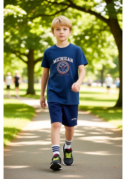 Erkek Çocuk Spor Şehir Baskılı Pamuklu T Shirt ve Şort Takımı Kaliteli Şık Rahat