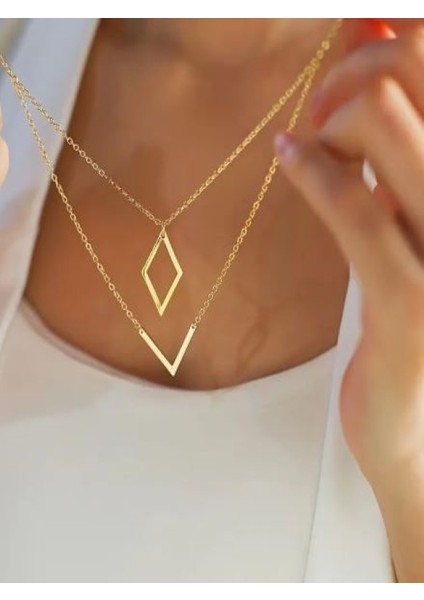 2 Parça Şık V Şekilli Kolye-Kc Altın Kaplama