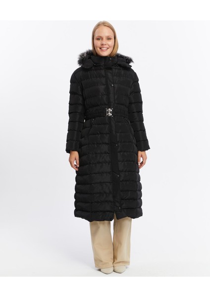 Kadın Yeni Sezon Memori Kumaş Kemerli Kapşonlu Su Geçirmez Şişme Mont