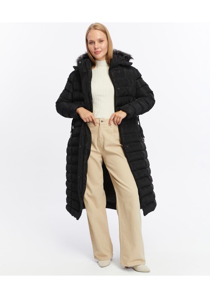 Kadın Yeni Sezon Memori Kumaş Kemerli Kapşonlu Su Geçirmez Şişme Mont