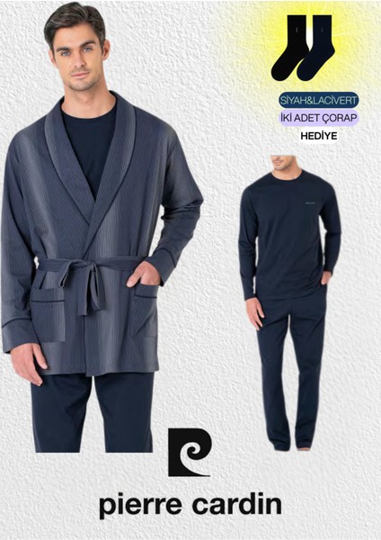 Erkek 3'lü Penye Robdöşambır & Uzun Kollu Pijama Takımı Set (2 Adet Çorap Hediyeli) L1.PC.5635.02