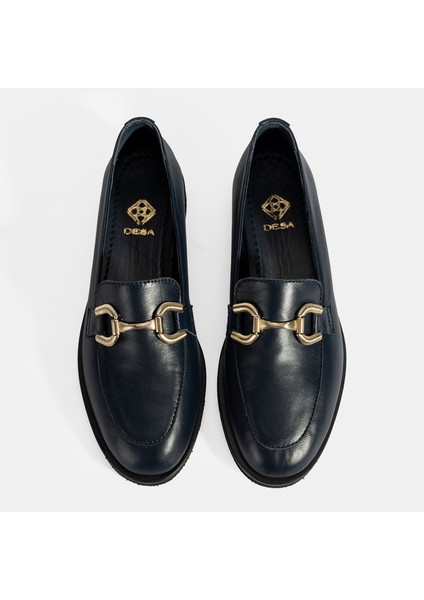 Kadın Lacivert Metal Toka Aksesuarlı Deri Loafer