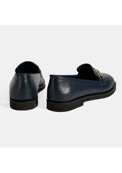 Kadın Lacivert Metal Toka Aksesuarlı Deri Loafer
