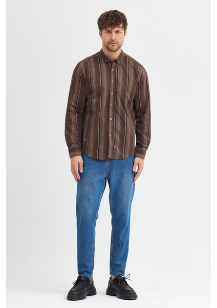 Erkek Dikine Çizgili Button Down Yaka Melanj Kışlık Pamuk Gömlek