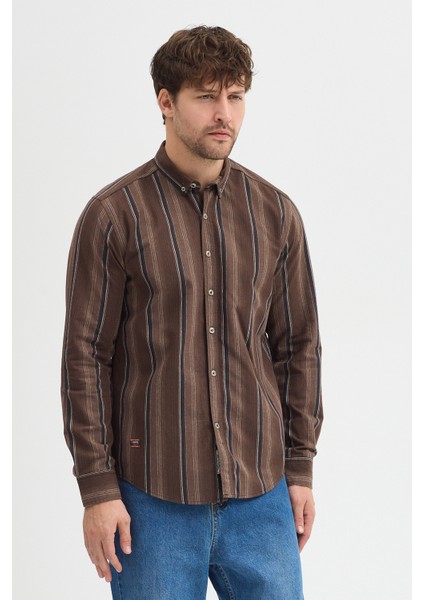 Erkek Dikine Çizgili Button Down Yaka Melanj Kışlık Pamuk Gömlek modelleri