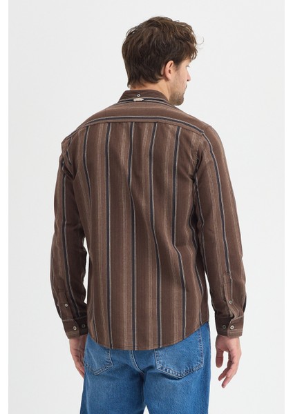 Erkek Dikine Çizgili Button Down Yaka Melanj Kışlık Pamuk Gömlek