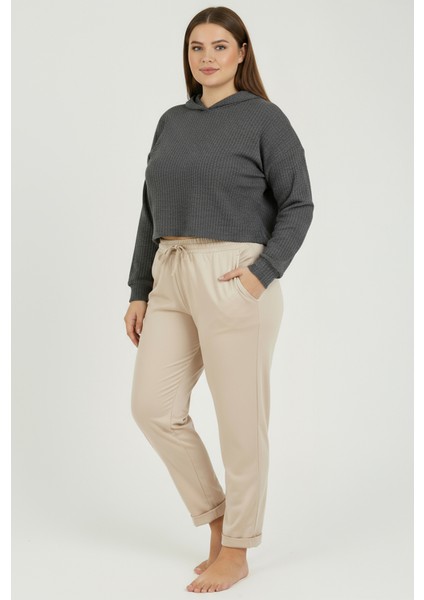 Duble Paça Büyük Beden Eşofman Altı Bej 2020