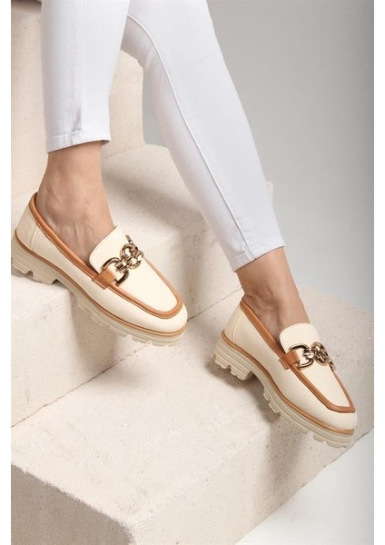 Majensia 141209 Tokalı Loafer Hakiki Deri Bej Flotur